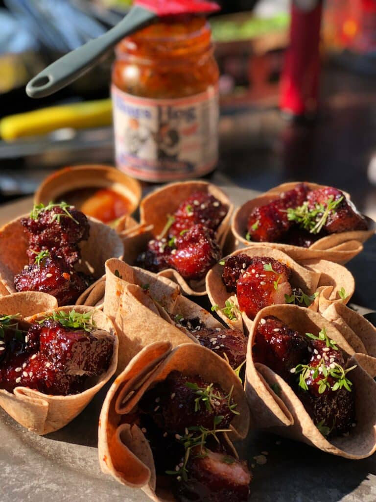 big green egg pork belly burnt ends008 - Pork belly burnt ends in tortilla cup