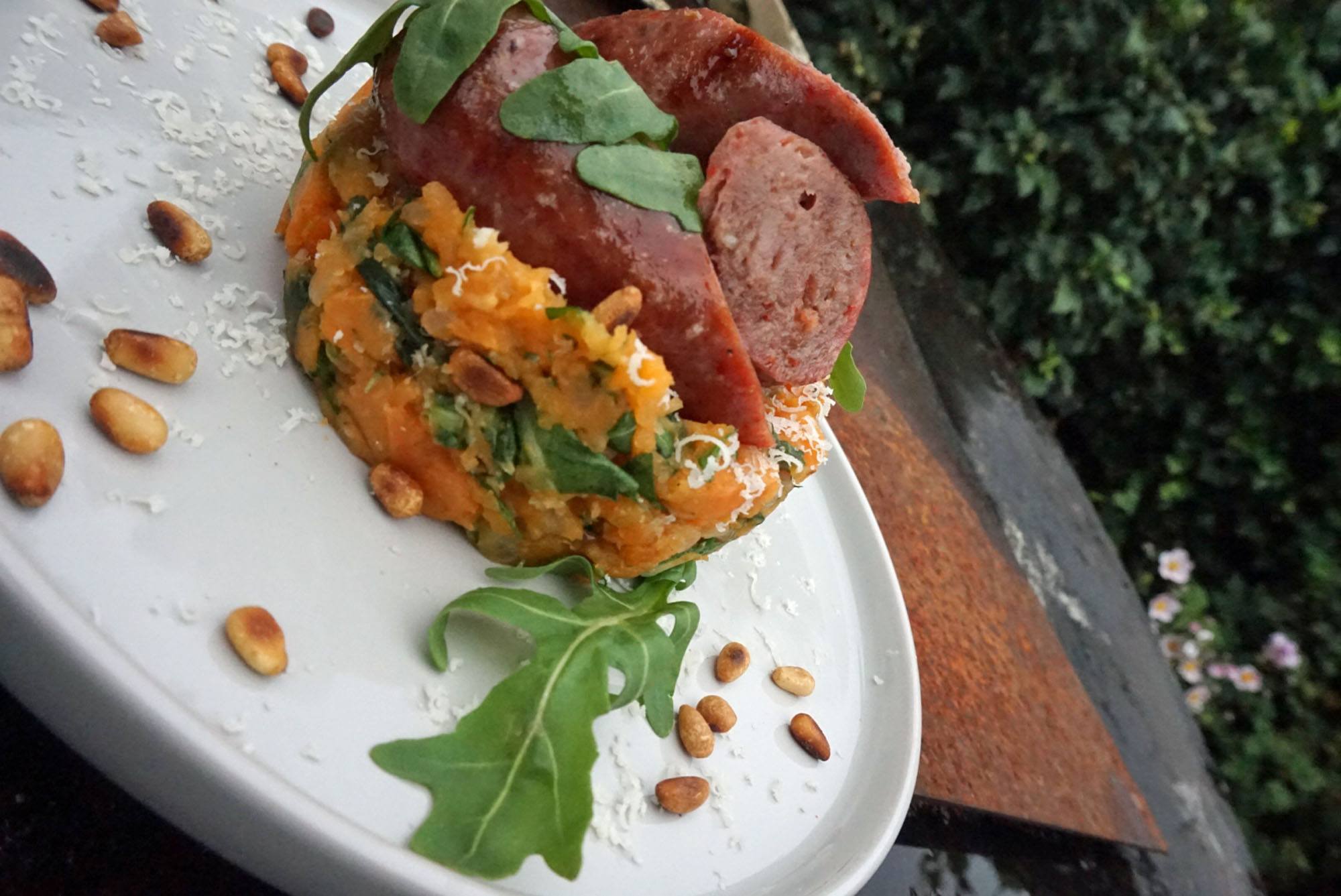 aardappel stampot iberico recept kamado green egg 03 - Zoete aardappel stamppot met iberico braadworstjes